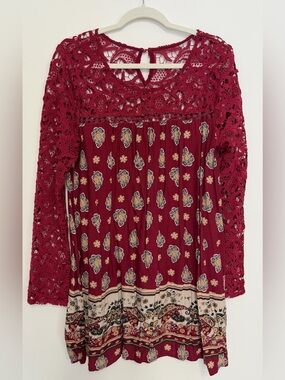 Blu Pepper Burgundy Crochet Yoke Printed Long-Sleeve Tunic Dress